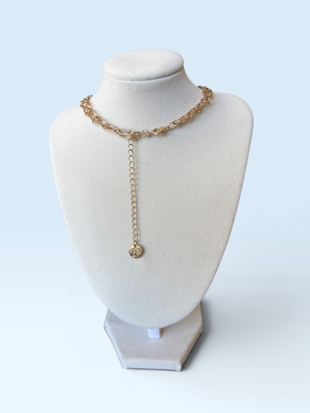 New Goldtone Double Chain Necklace with a Faux Lapis Pendant by Plunder Design - Picture 8 of 8